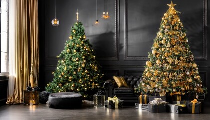 Fototapeta premium Glamorous Black and Gold Christmas Night Step into a luxurious and glamorous Christmas scene where black and gold decorations create a dramatic and festive atmosphere.