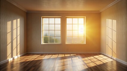 Fototapeta premium Warm sunlight streaming through a clean, minimalist windowpane, casting a bright glow and subtle shadows on the surrounding interior space with soft, neutral tones.