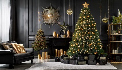 Fototapeta premium Glamorous Black and Gold Christmas Night Step into a luxurious and glamorous Christmas scene where black and gold decorations create a dramatic and festive atmosphere.