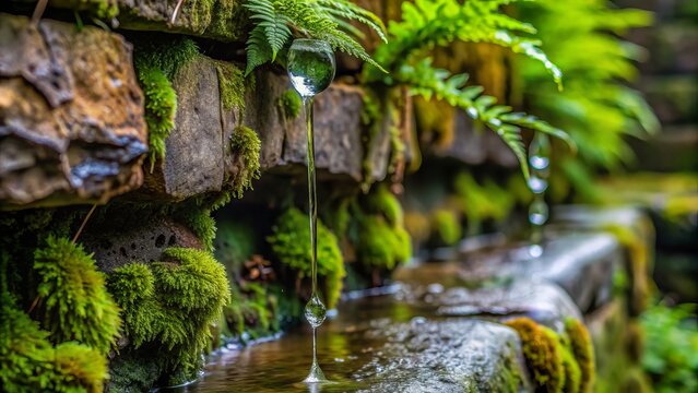 Water droplets leak from a cracked stone wall, creating a small puddle on the rustic, weathered surface, surrounded by moss and ferns in a serene atmosphere. - Powered by Adobe
