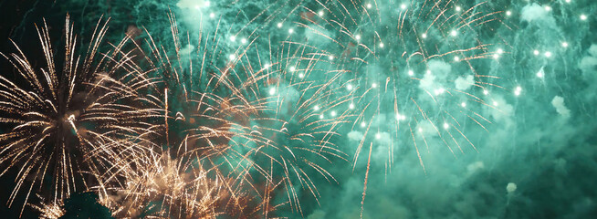 Banner Green firework in night time celebrate national holiday. Green Firework celebrate anniversary happy new year 2025 4th of july holiday festival. Countdown New year 2025 festival with copy space