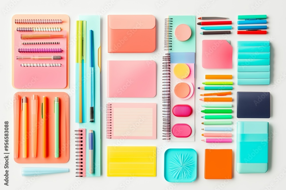 Poster a vibrant collection of stationery items organized neatly on a light background showcasing various c