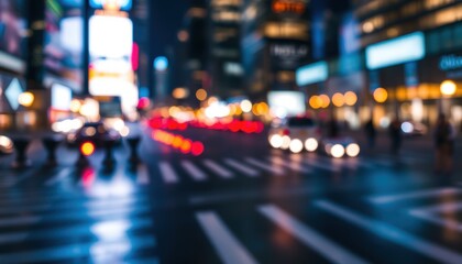 Busy urban street at night with blurred car lights and crowds of people walking