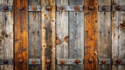 Weathered wooden planks with rusty metal accents and a distressed gray finish create a vintage, industrial-chic background perfect for textured design elements.
