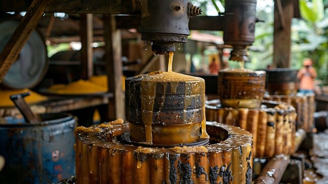 Fresh sugarcane juice extraction process using a traditional wooden press, vibrant market atmosphere. 