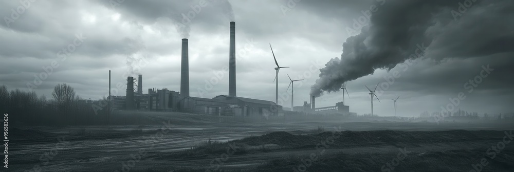 Poster old factories and wind turbines contrast the past reliance on coal with a new focus on sustainable e