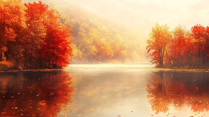 A serene lake scene with vibrant autumn foliage reflecting in the still water, shrouded in a gentle mist.