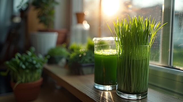 Fresh wheatgrass juice extraction process, with bright green color, set in a health-focused kitchen. 
