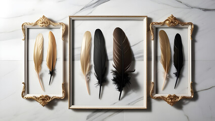 Feather set in 3 frames in gold and black on marble background