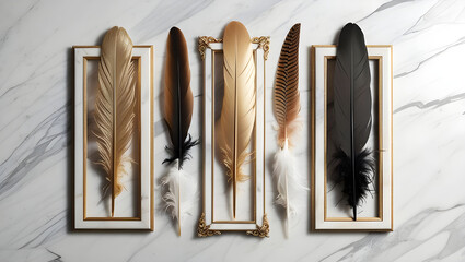 Feather set in 3 frames in gold and black on marble background