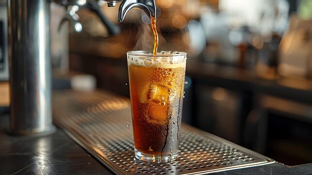 Frothy nitro cold brew coffee being poured into a sleek glass with cascading bubbles, modern caf&eacute; setting. 
