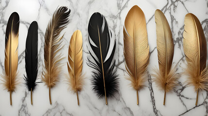 Feather set in 3 frames in gold and black on marble background
