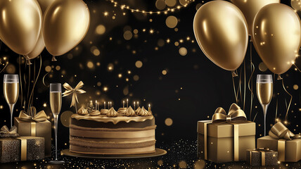 Illustration of a birthday setup with golden balloons, elegant gift boxes, champagne glasses and a lavish cake, all against a sophisticated dark background with sparkles.