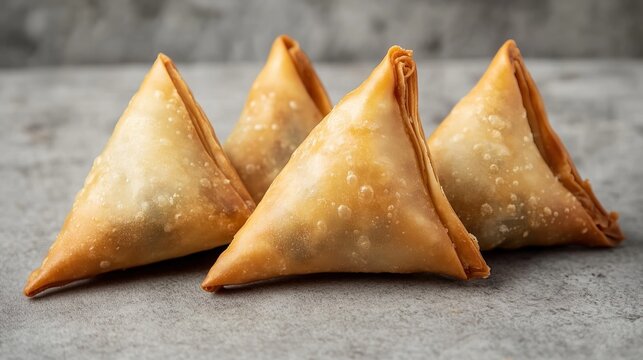 Appetizing Real Style Fataya Samosa on a Wooden Table, Crispy Golden Brown Delights, Delicious Indian Snack Ready to Enjoy