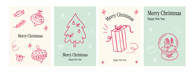 Set Christmas cards with Christmas tree, gifts, christmas elements illustrations. Vector illustrations