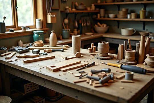 A workbench filled with an assortment of tools, ideal for use in DIY projects or as a prop in creative settings