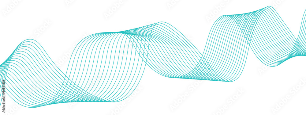Aufkleber Minimalist Abstract Wavy Line Design – Dynamic Fluid Background with Teal Gradient for Modern Art, Technology, and Motion Graphics. Science frequency gradient lines with blue