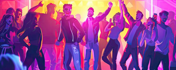 group of people enjoying a party with colorful lighting, movement and joy with dance
