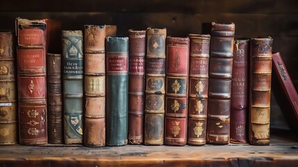 A row of antique, leather-bound books on a wooden shelf.