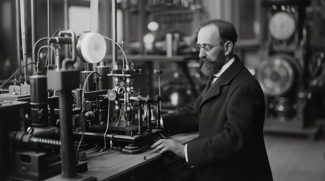 A man with a beard and glasses stands next to a large machine.