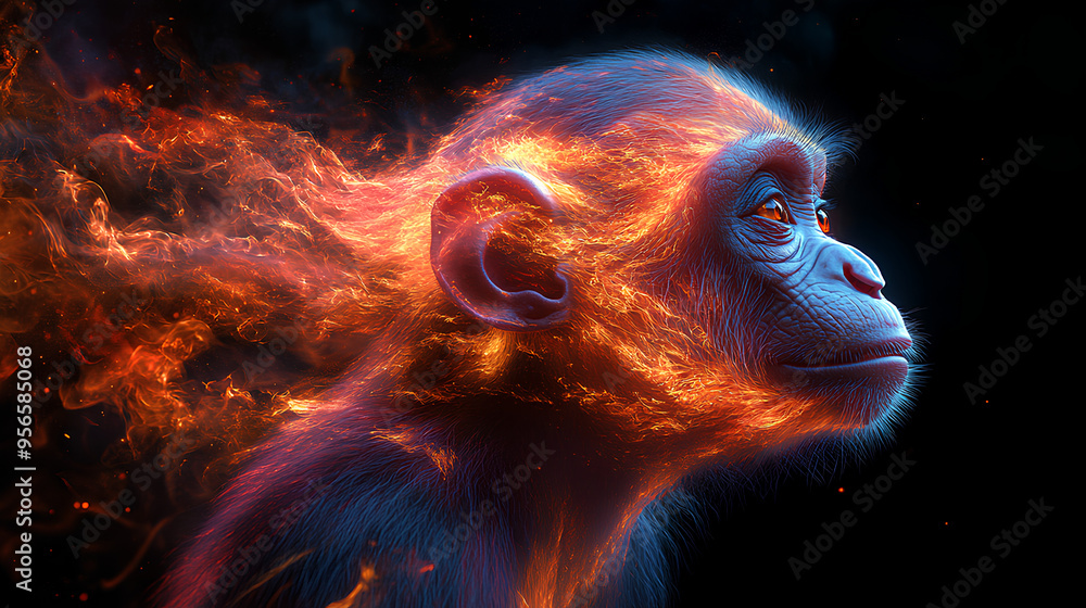 Sticker monkey, the head of a monkey in a multi-colored flame. Abstract multicolored profile portrait of a monkey head on a black background