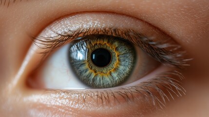 Fototapeta premium Close-up of human eye, eyelashes, and skin around the eye.