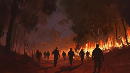 Fototapeta premium Army marching through burning forest at night, war concept art with dramatic lighting
