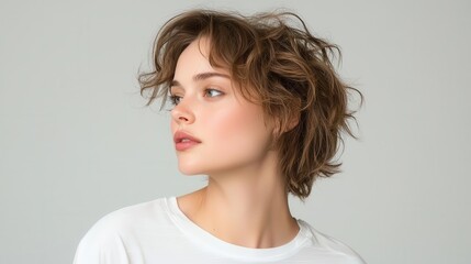 Short-haired woman posing in profile, isolated background, copy space