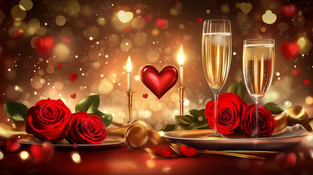 A romantic dinner setup with red roses, champagne, golden cutlery, candles, and a heart-shaped motif in the background, evoking a sense of luxury and love.