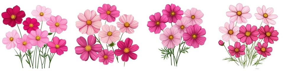 Watercolor summer flora set, A vibrant collection of pink flowers showcasing delicate petals and lush greenery, perfect for any floral design project. Isolate on white background