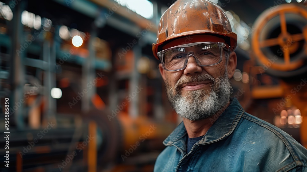 Wall mural factory worker in safety gear and a hard hat smiles as they work in an industrial setting