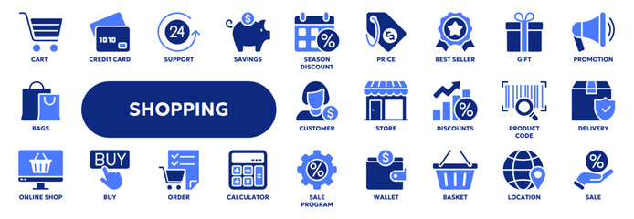 Set of vector solid icons related to shopping, e-commerce, retail store. Symbols for website or app ui, logo design, illustration