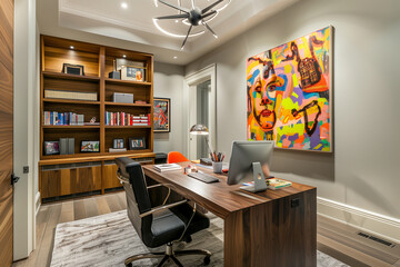 Vibrant home office setting with a desk and chair, enhanced by artwork and lighting fixtures. Generative AI