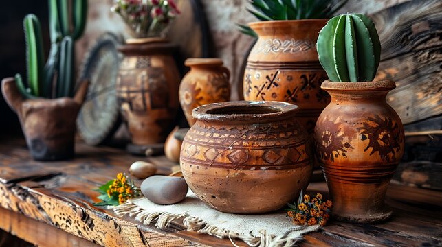 Traditional Mexican tepache fermentation process, with traditional clay pot, set on a rustic wooden table with Mexican decor. 