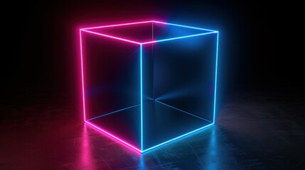 A glowing neon cube with vibrant blue and pink lines on a dark background, creating a futuristic and tech inspired atmosphere