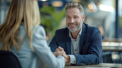Businessman is holding the hand of a businesswoman during a business meeting, smiling