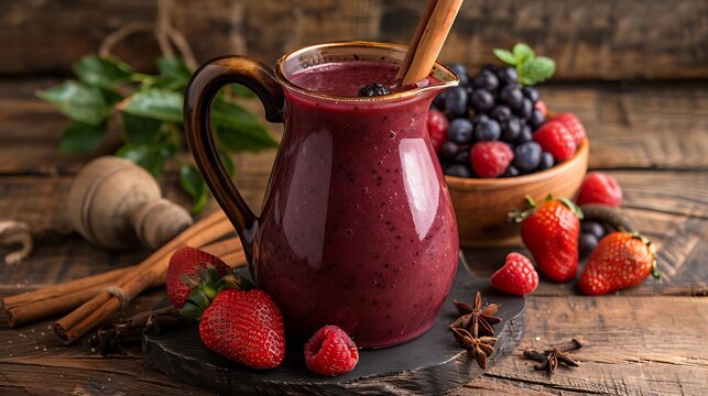 Traditional Peruvian chicha morada in pitcher, with cinnamon sticks and fresh fruits, placed on a rustic wooden table. 
