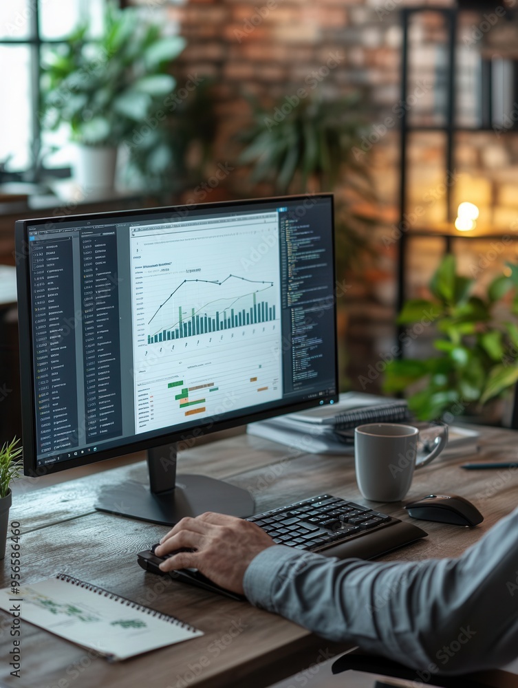 Aufkleber An expert focuses intently on a large monitor, analyzing complex data while utilizing a keyboard and sipping coffee at a neat desk. Generative AI