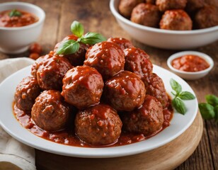 Traditional spicy meatballs in tomato sauce on wooden background. Selective focus. Ai generated images