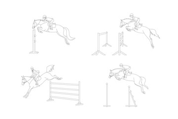Vector set of horse riders making a jump over an obstacle
