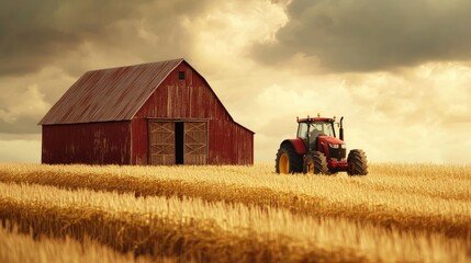 Fototapeta premium A barn and tractor icon together on a golden field, representing traditional farming.