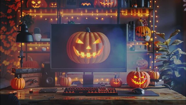 A spooky Halloween scene featuring a computer monitor displaying a glowing jack-o'-lantern, surrounded by festive pumpkins and string lights. 