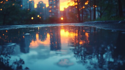 Cityscape Reflection in Puddle