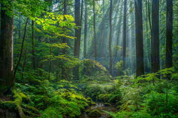 Obraz premium Lush Green Forest with Sun Rays Filtering Through Foliage