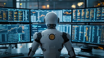 Ai robot trader analyzing data and charts on multiple monitors in a dimly lit office at night