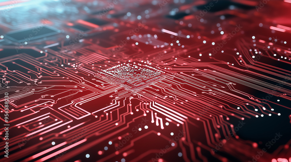 Aufkleber abstract neon red tech circuit board lines sci-fi banner design. futuristic computer chip background