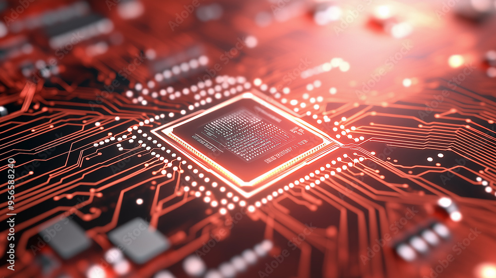 Aufkleber abstract neon red tech circuit board lines sci-fi banner design. futuristic computer chip background