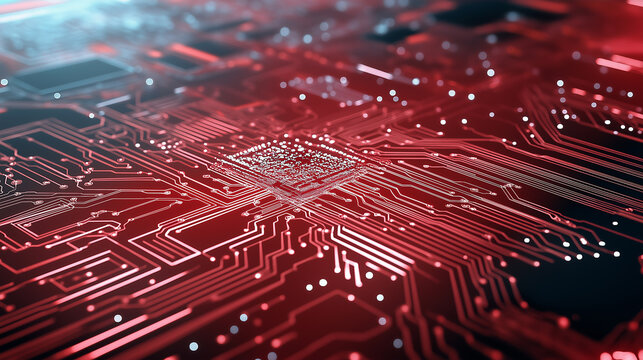 Abstract neon red tech circuit board lines sci-fi banner design. Futuristic computer chip background. Vector glowing illustration