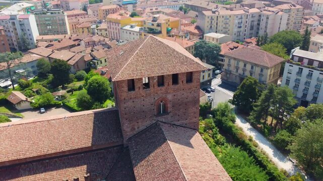Tower of the Visconti castle of Pavia seen from a drone. famous monument and historical cultural heritage located in the city of Pavia, Italy.