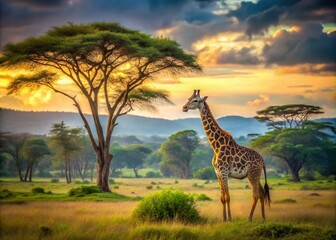 Obraz premium A majestic giraffe rises from the mist-shrouded forest floor, its long neck and legs stretching towards the clouds, surrounded by towering trees.